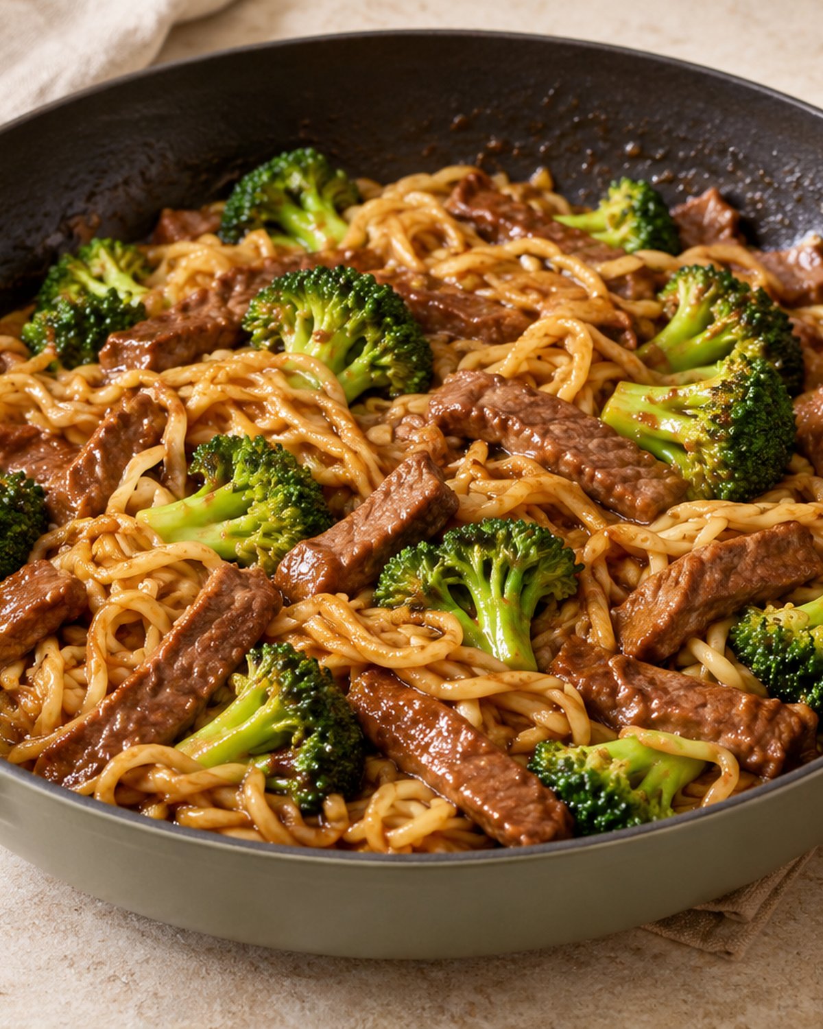 Finished Beef and Broccoli Noodles, plated and ready to serve