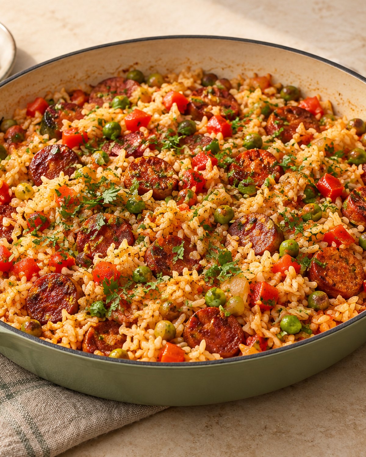 Finished Smoky Beef Sausage and Pepper Rice Skillet, plated and ready to serve