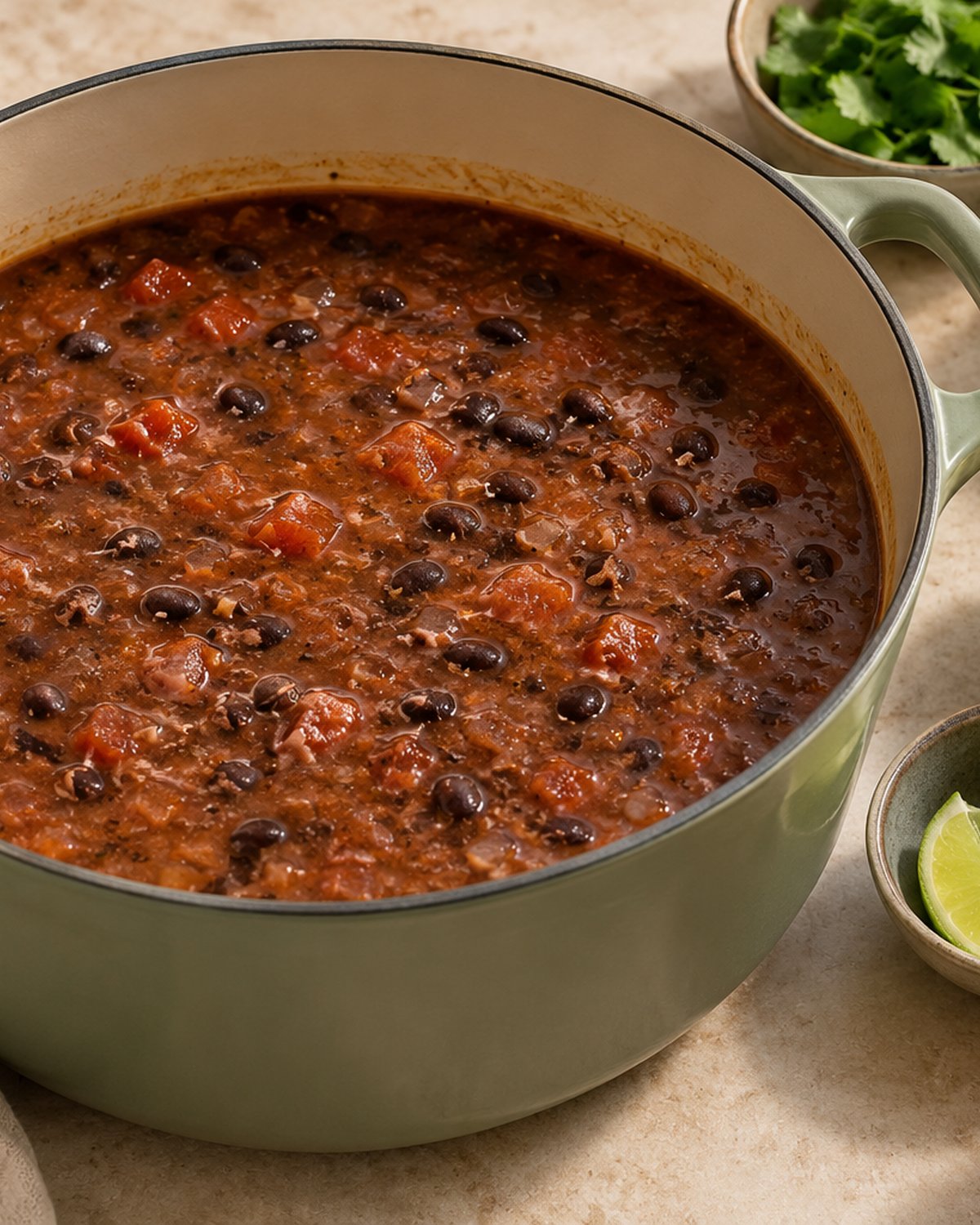 Finished Black Bean Soup with Canned Beans, plated and ready to serve