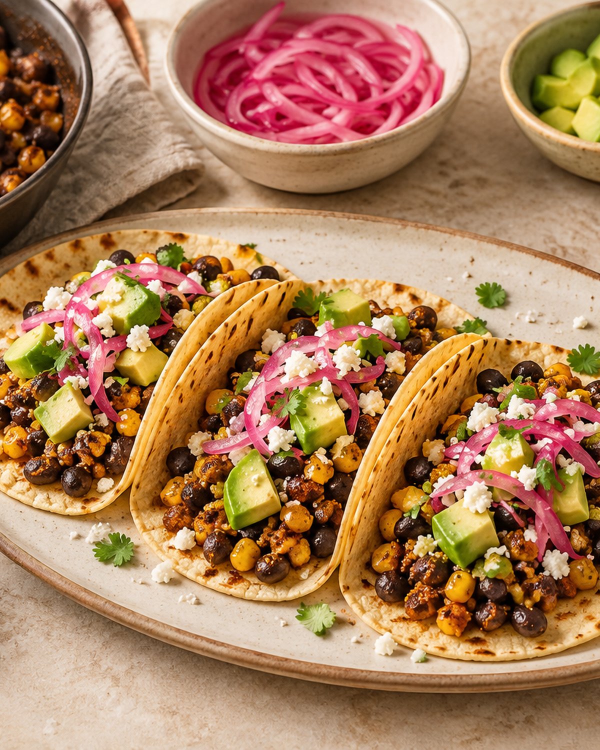 Finished Black Bean and Corn Tacos, plated and ready to serve