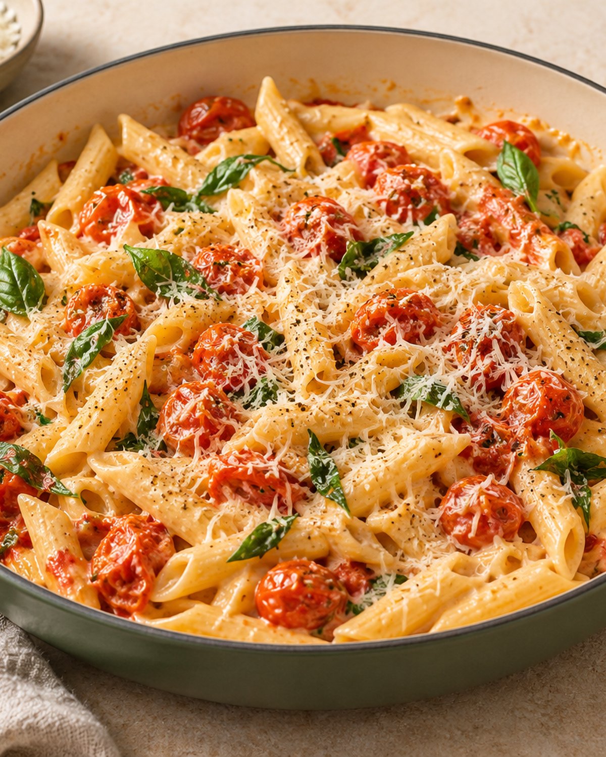 Finished Boursin Pasta with Cherry Tomatoes (TikTok Viral), plated and ready to serve