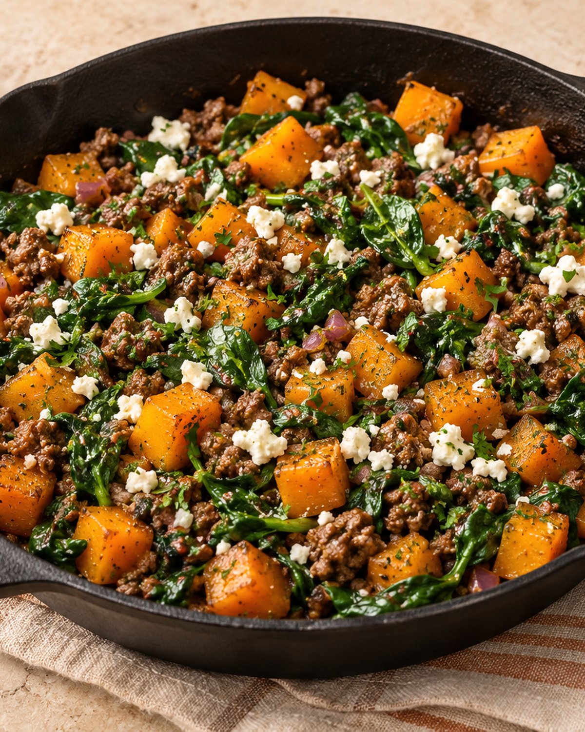 Finished Butternut Squash and Ground Beef Skillet (20 Minutes), plated and ready to serve