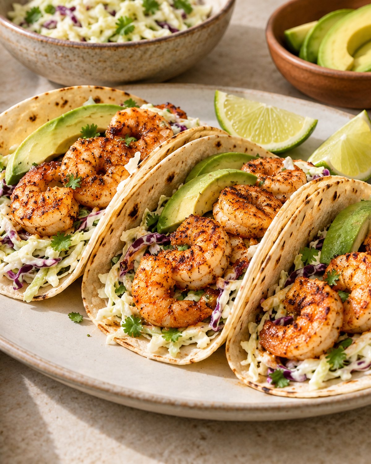 Finished Cajun Shrimp Tacos with Lime Slaw, plated and ready to serve