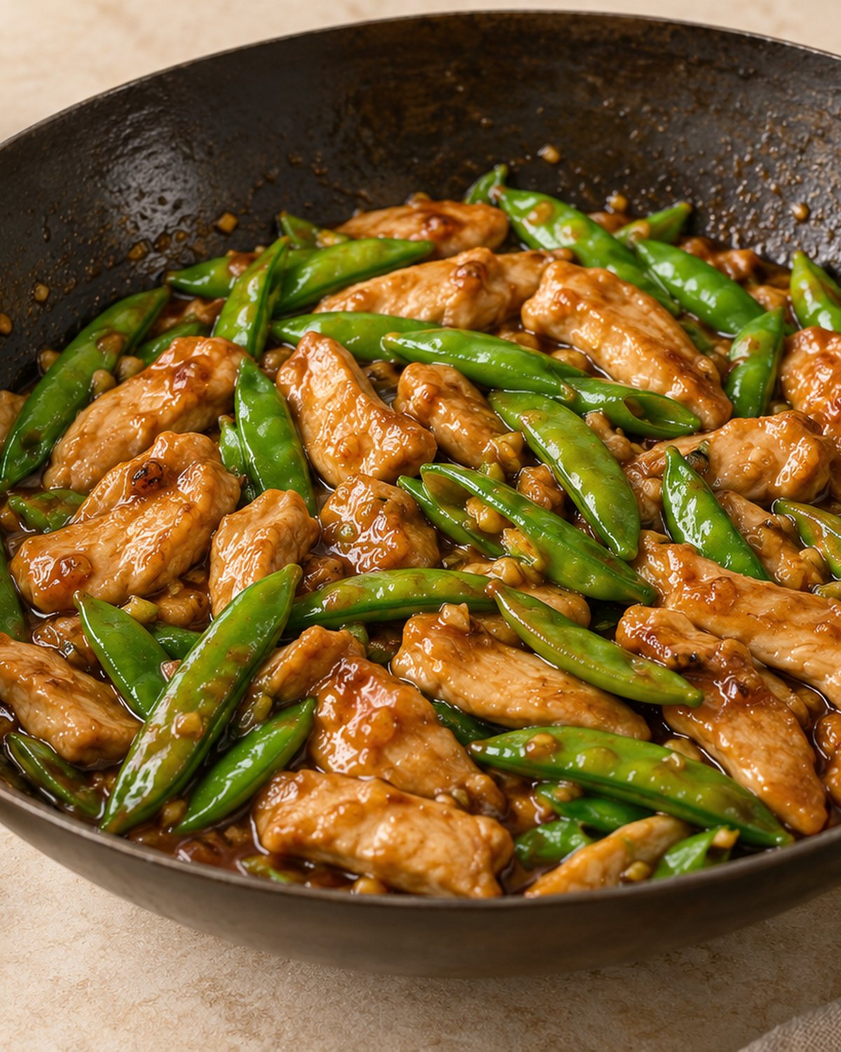 Finished Chicken and Snap Pea Stir-Fry, plated and ready to serve