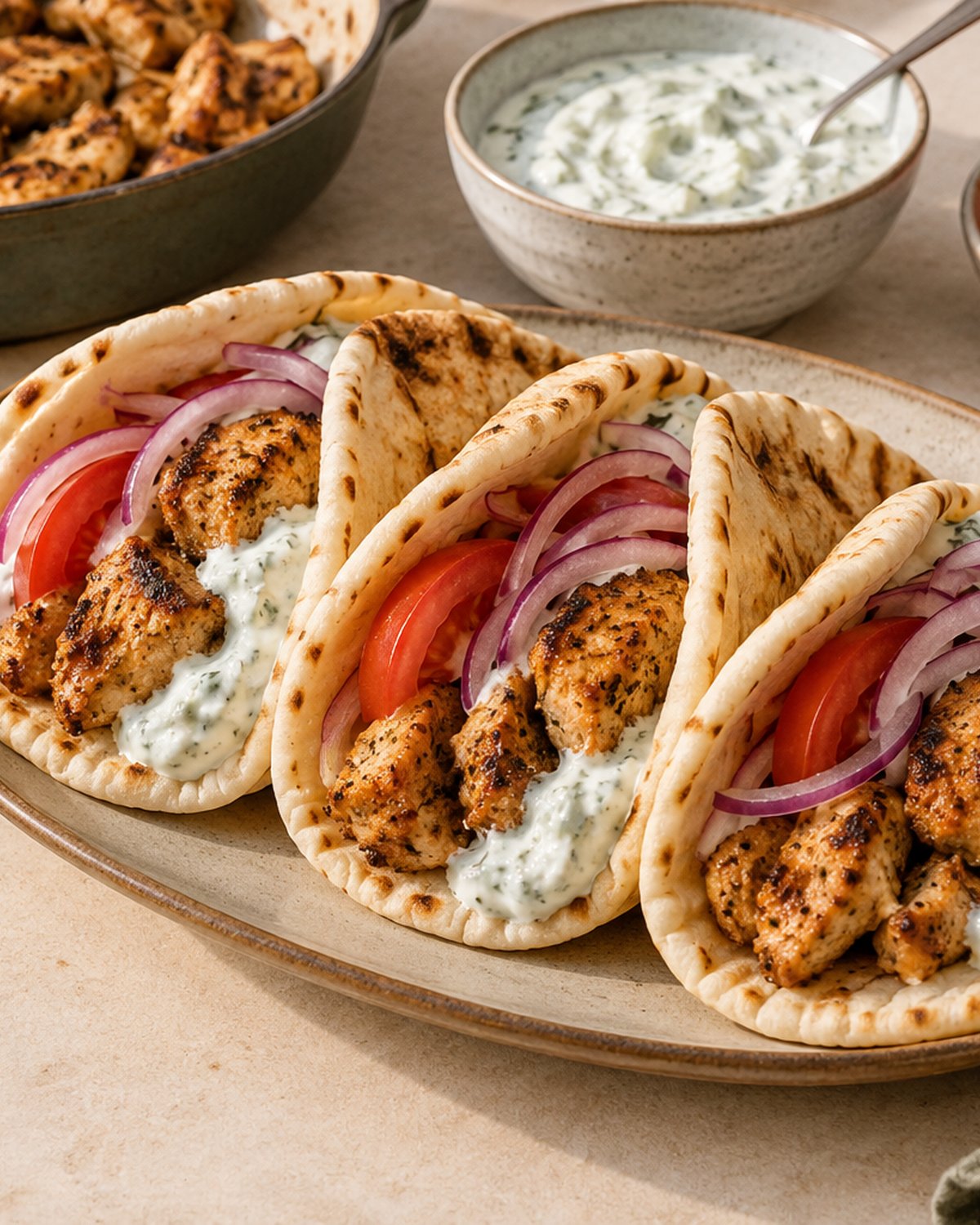 Finished Chicken Souvlaki Pitas, plated and ready to serve