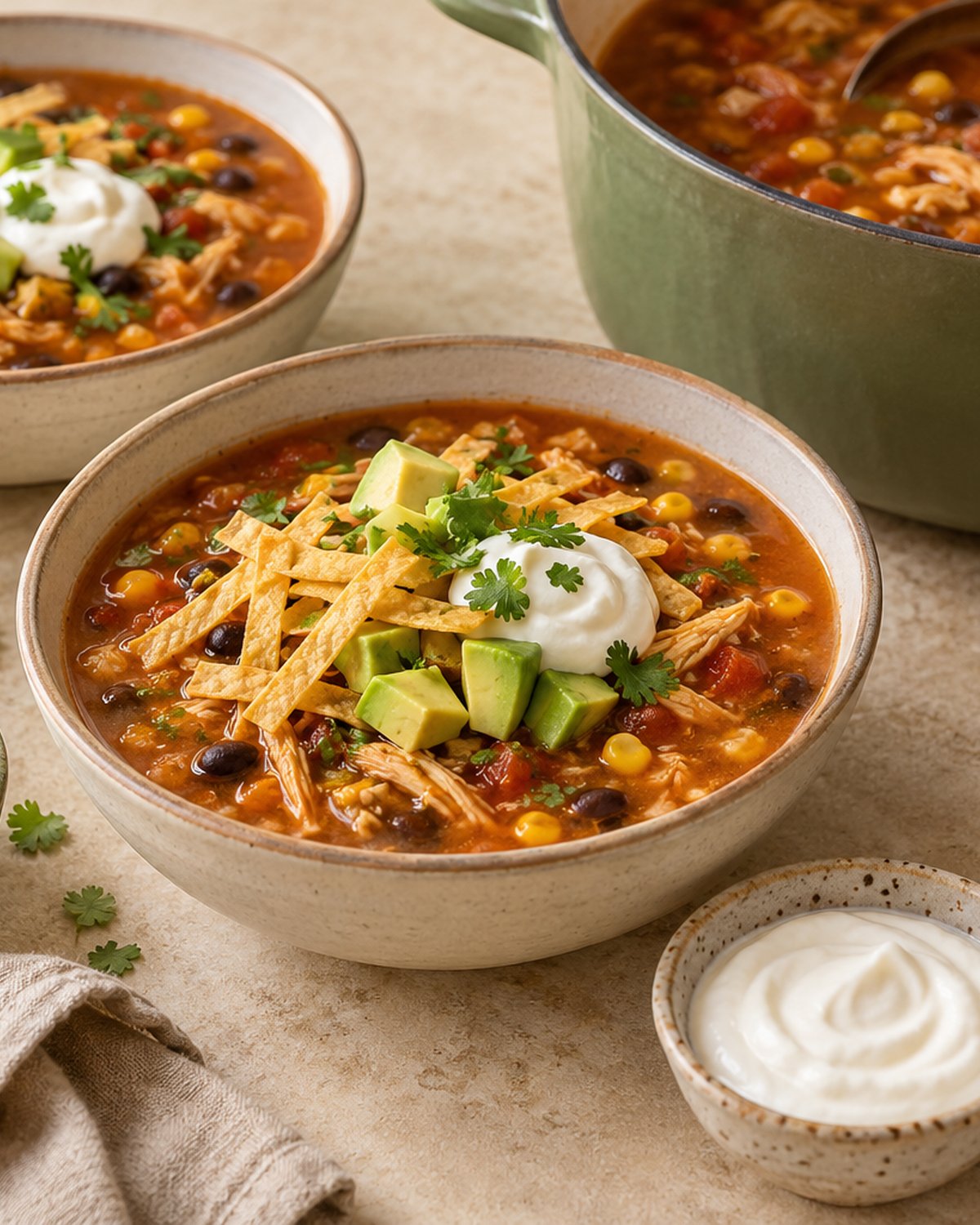 Finished Quick Chicken Tortilla Soup (20 Minutes), plated and ready to serve