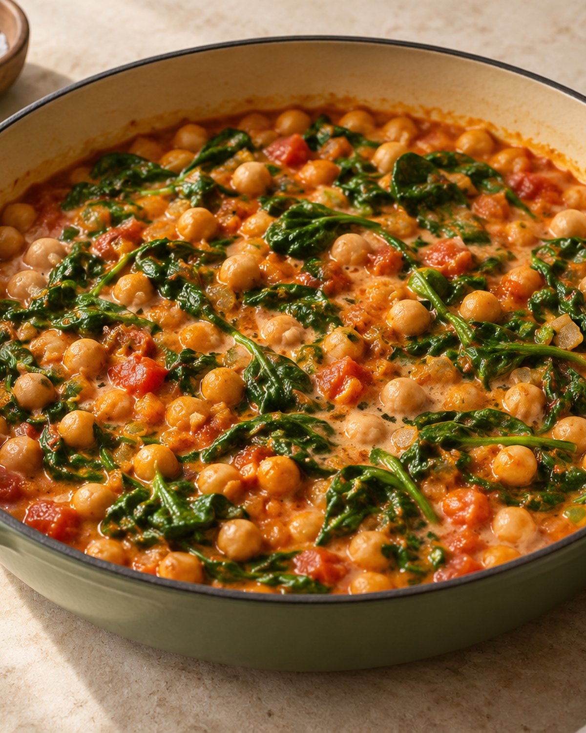Finished Fast Chickpea Spinach Curry, plated and ready to serve
