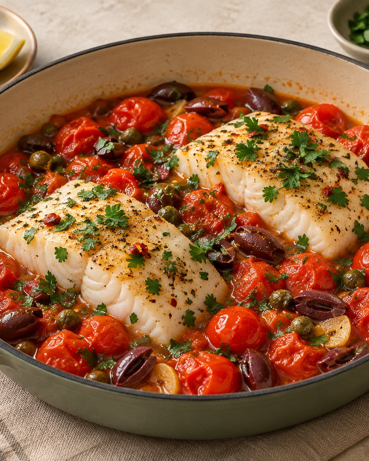 Finished Mediterranean Cod with Tomatoes and Olives, plated and ready to serve