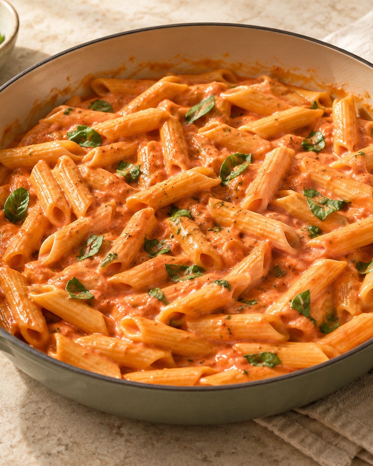 Finished Creamy Tomato Pasta, plated and ready to serve