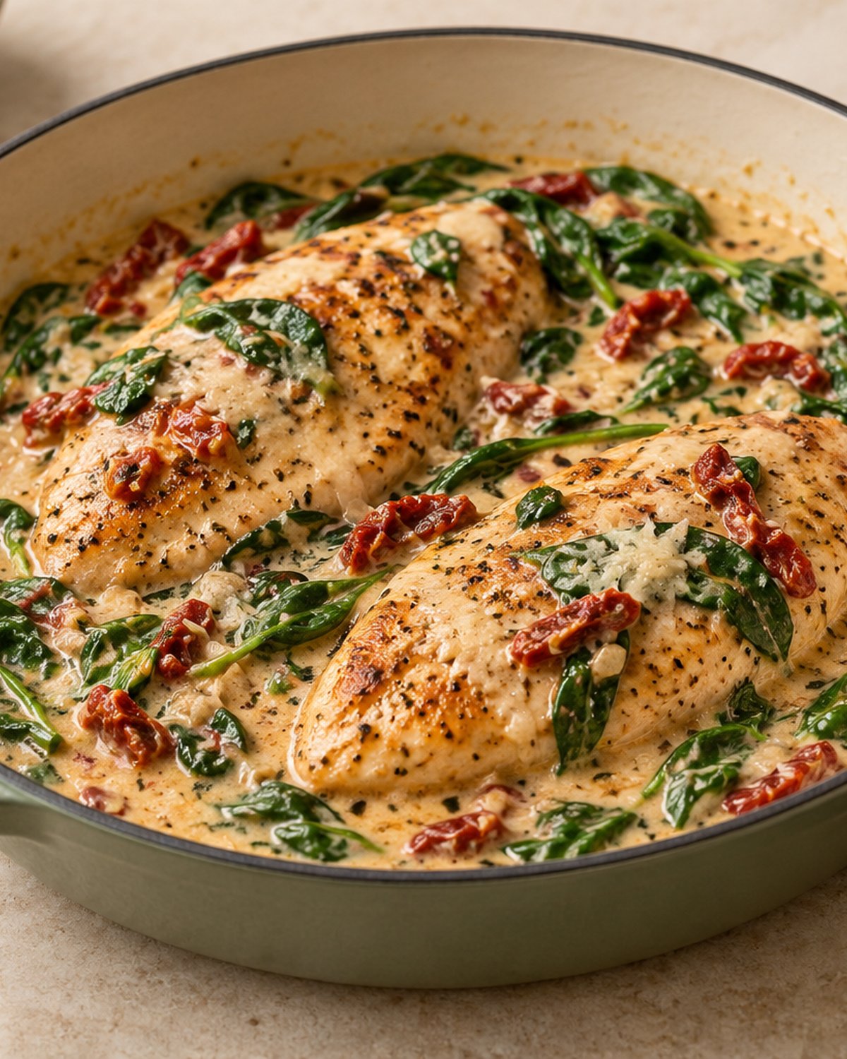 Finished Creamy Tuscan Chicken, plated and ready to serve