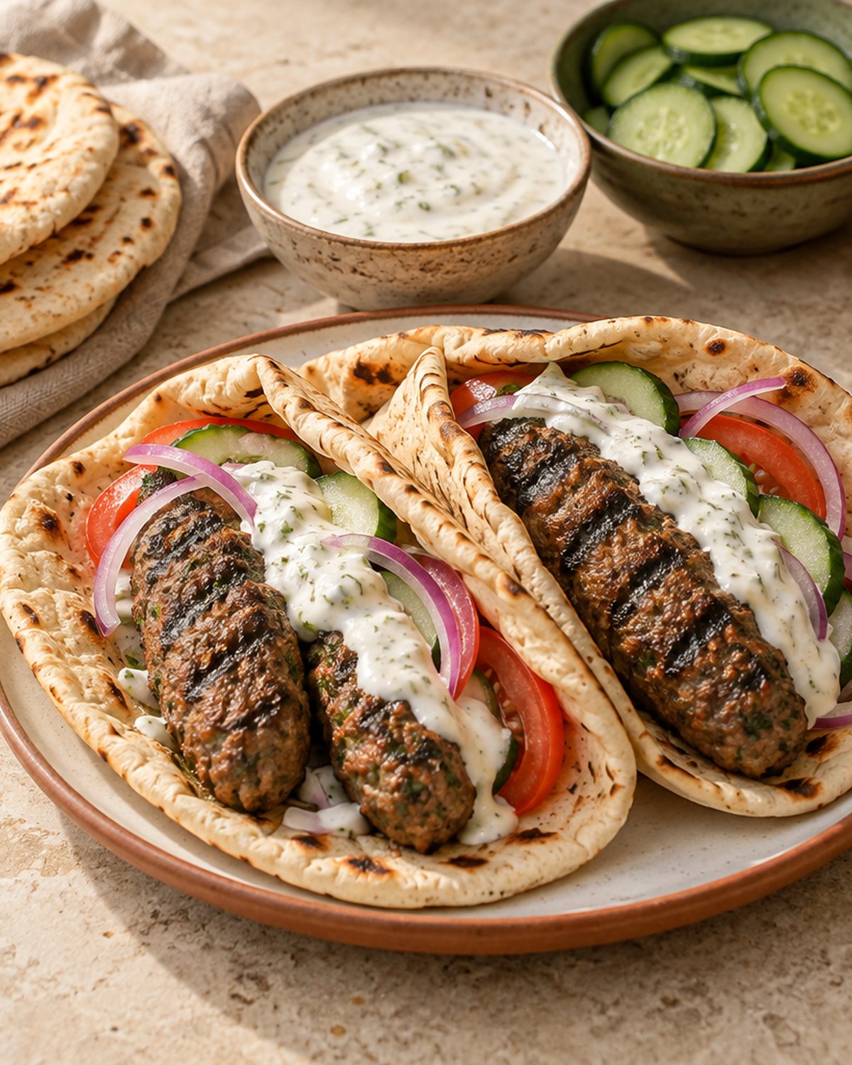 Finished Easy Lamb Kofta Recipe (Grill Pan or Oven, 20 Min), plated and ready to serve