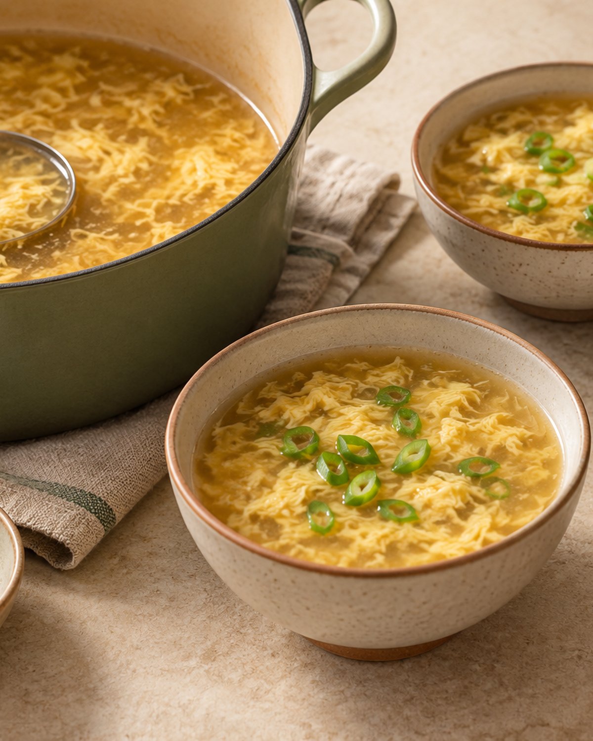 Finished Egg Drop Soup, plated and ready to serve