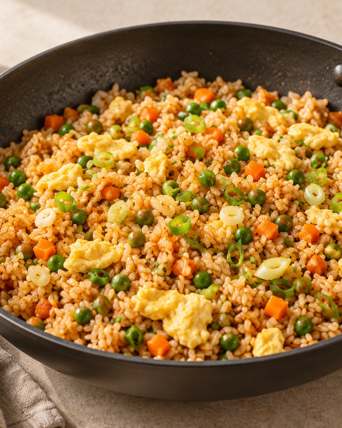 Finished 15-Minute Egg Fried Rice, plated and ready to serve