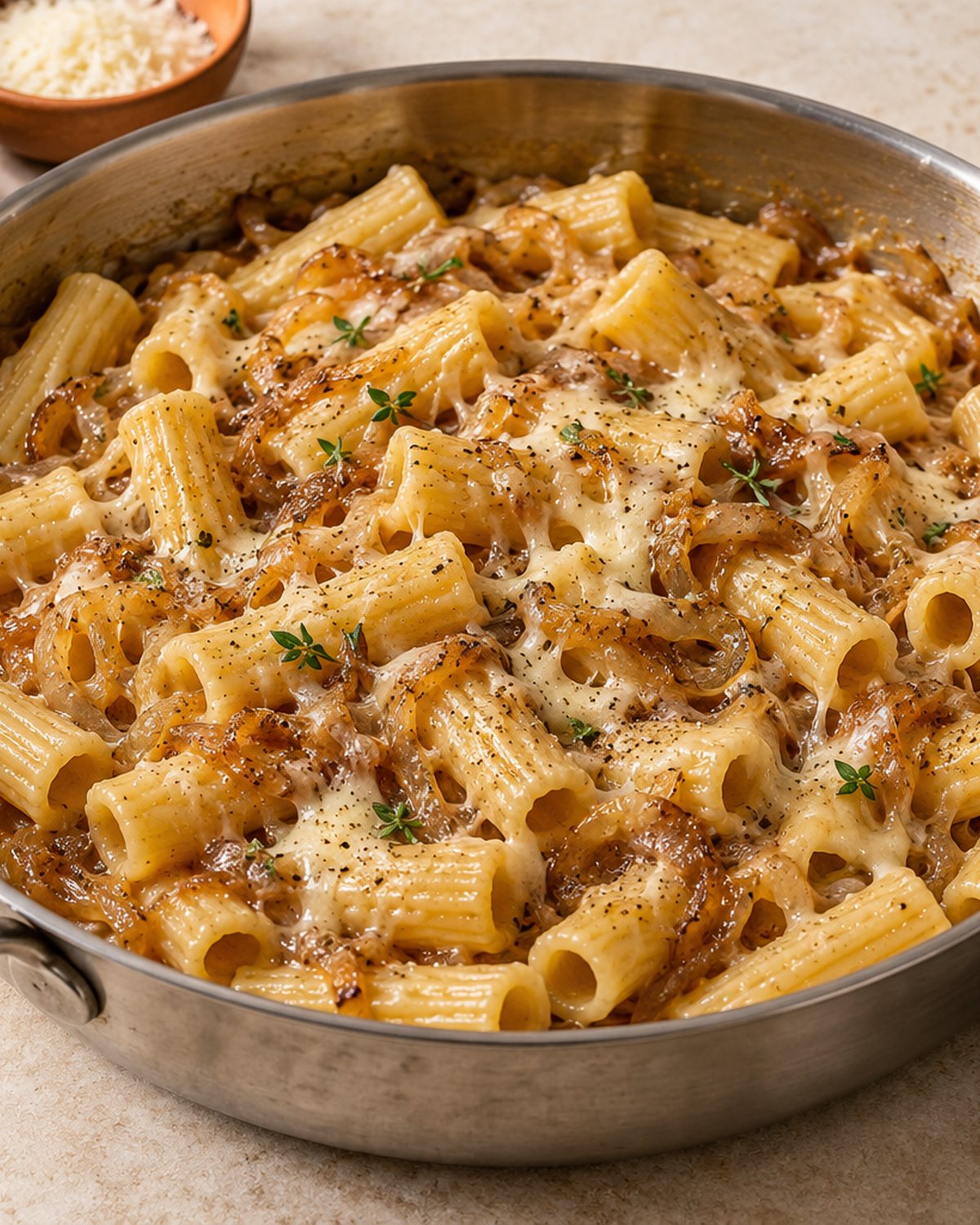 Finished French Onion Pasta Without Wine (20 Minutes), plated and ready to serve
