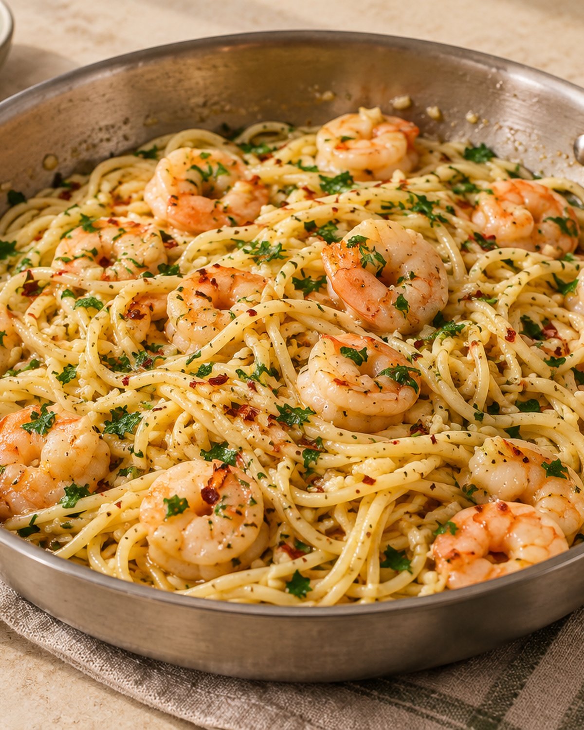 Finished Garlic Butter Shrimp Pasta, plated and ready to serve