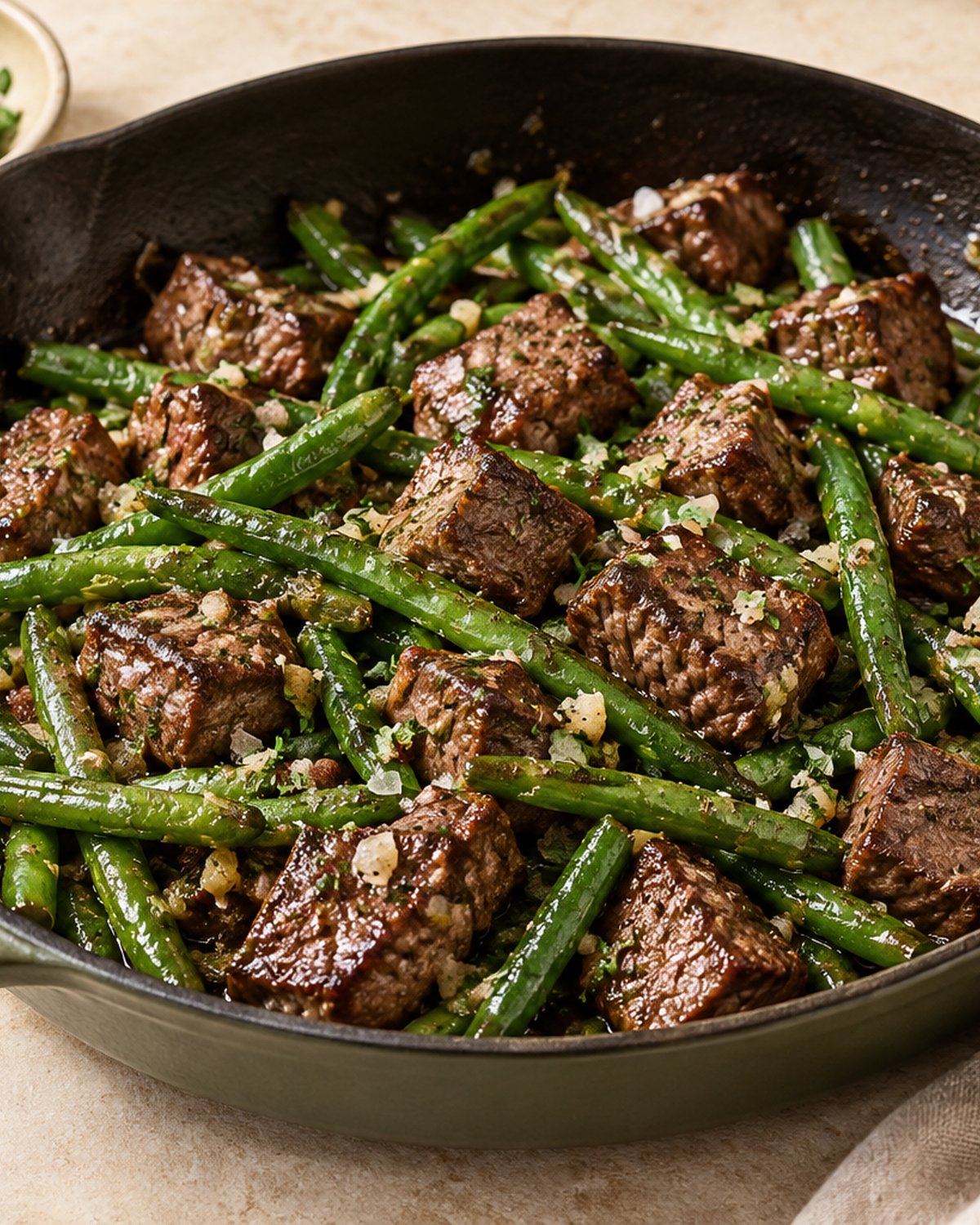 Finished Garlic Butter Steak Bites with Green Beans, plated and ready to serve