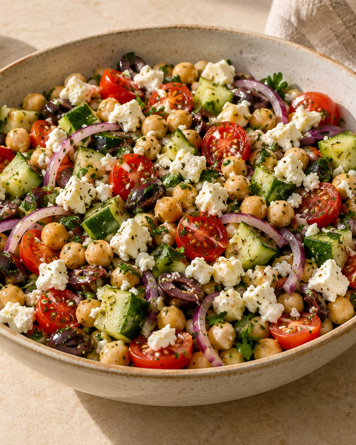 Finished Greek Chickpea Salad, plated and ready to serve
