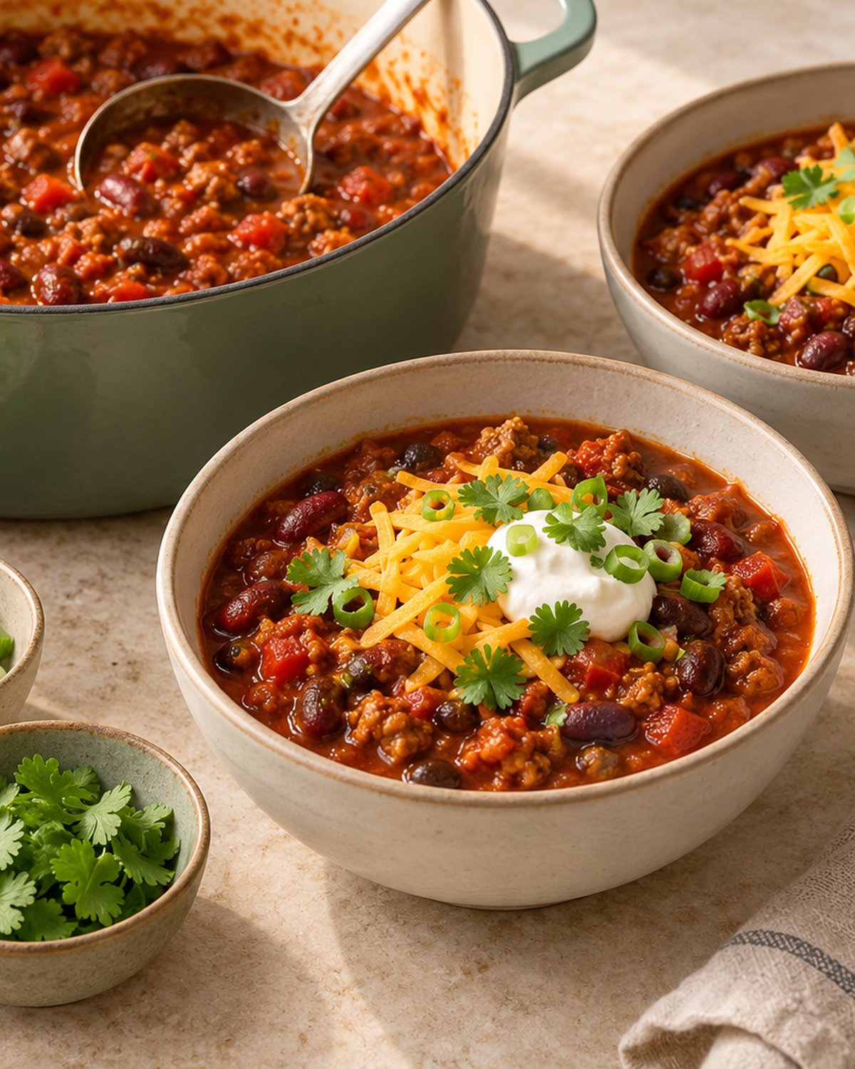 Finished 20-Minute Ground Turkey Chili (One Pot), plated and ready to serve