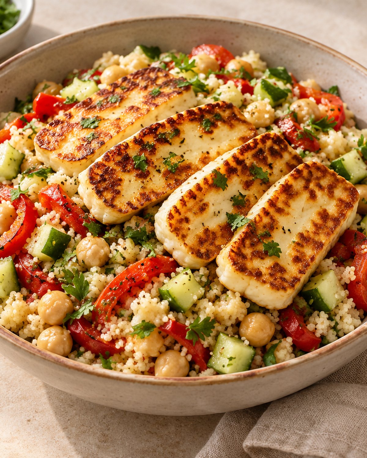 Finished Halloumi and Roasted Pepper Couscous, plated and ready to serve