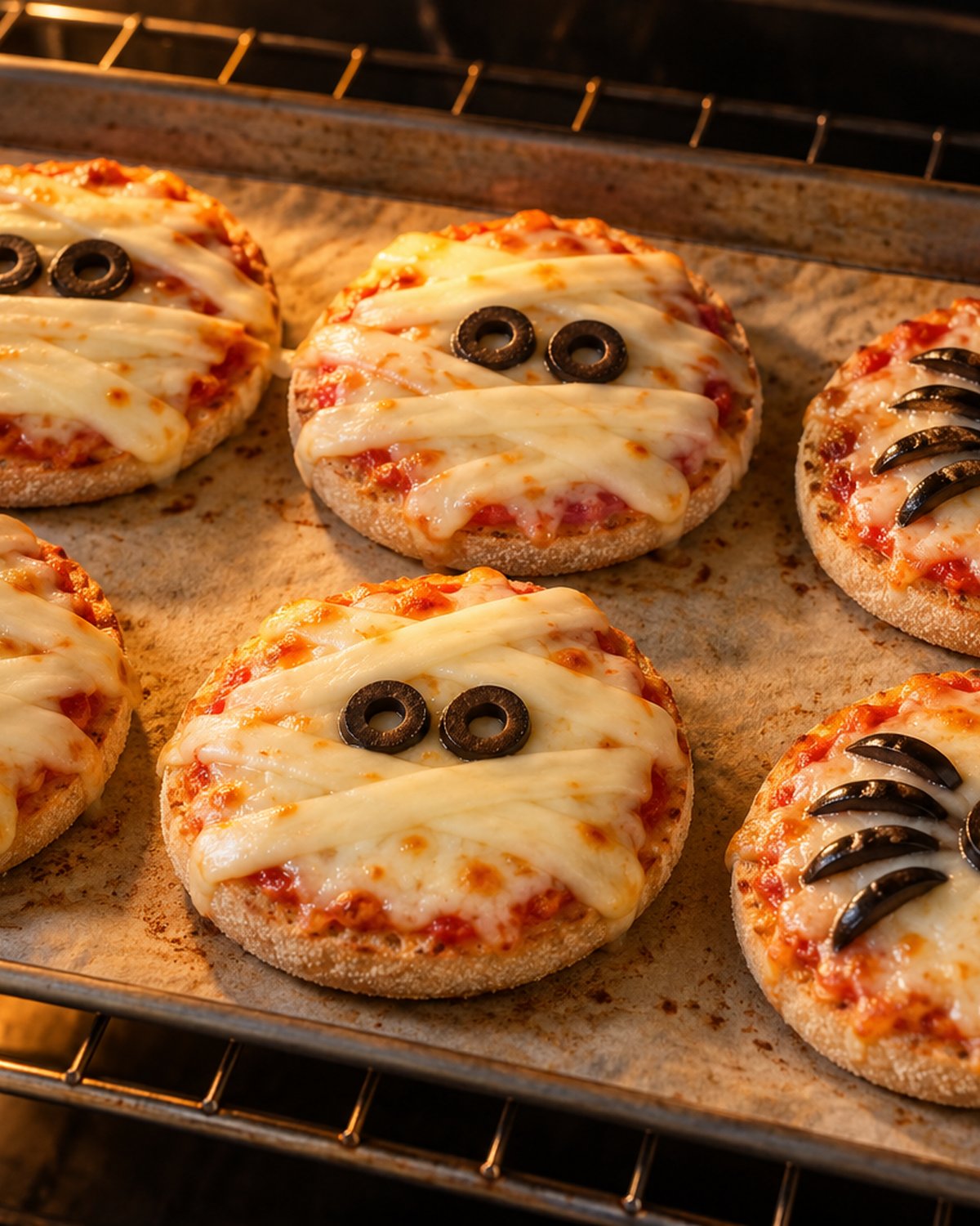 Finished Halloween Mummy and Spider Pizzas (Quick Halloween Dinner), plated and ready to serve
