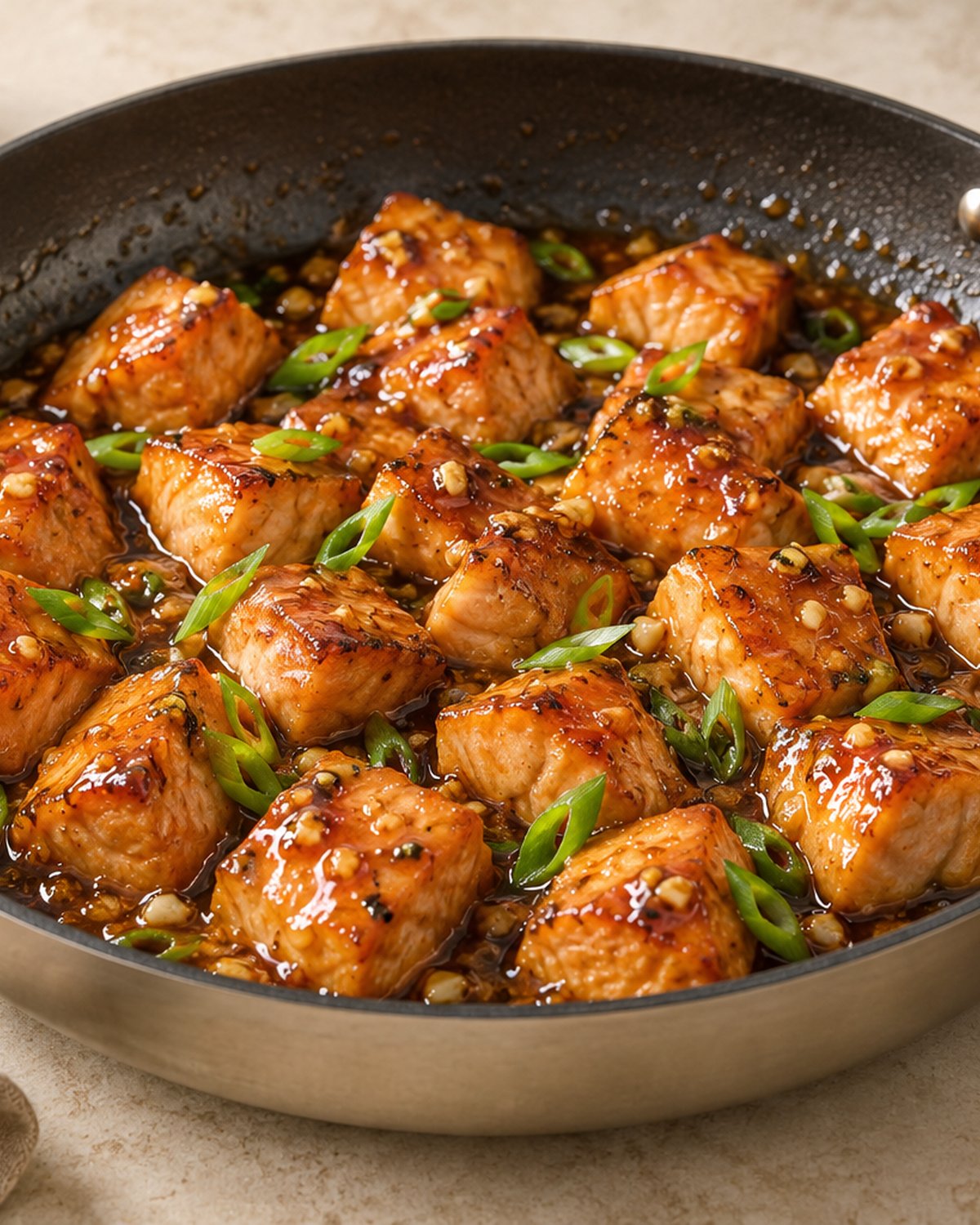 Finished Honey Garlic Salmon Bites, plated and ready to serve
