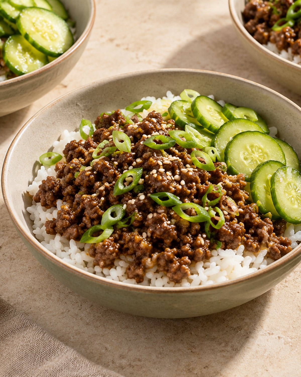 Finished Korean-Style Ground Beef Rice Bowls, plated and ready to serve
