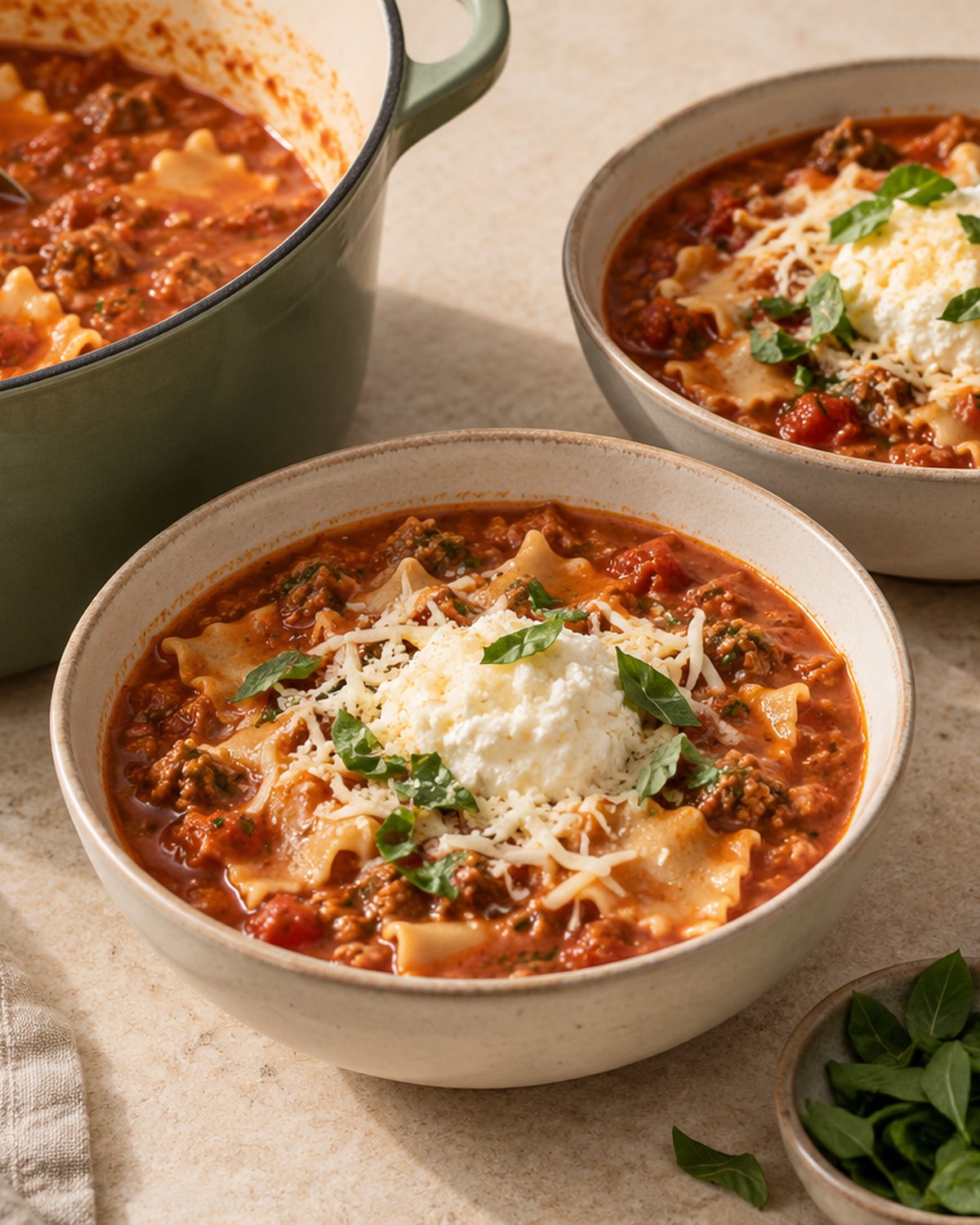 Finished Quick Lasagna Soup (20 Minutes, One Pot), plated and ready to serve