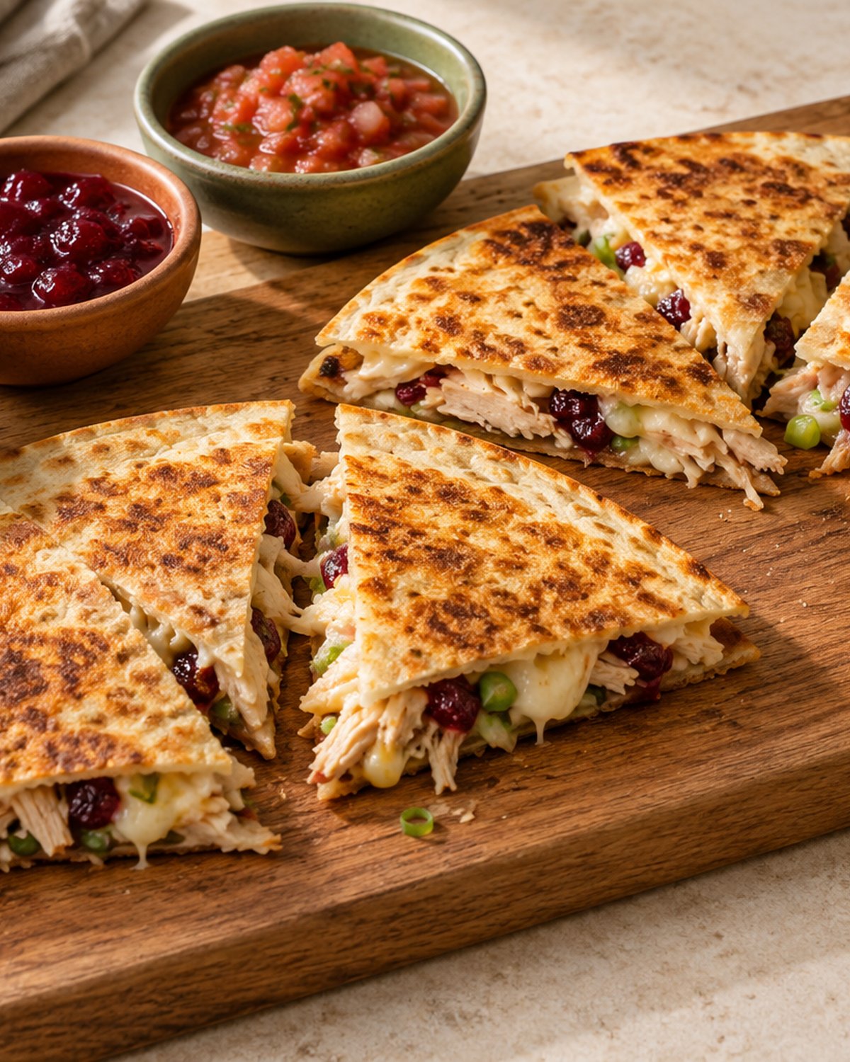 Finished Leftover Turkey Quesadillas with Cranberry (15 Minutes), plated and ready to serve