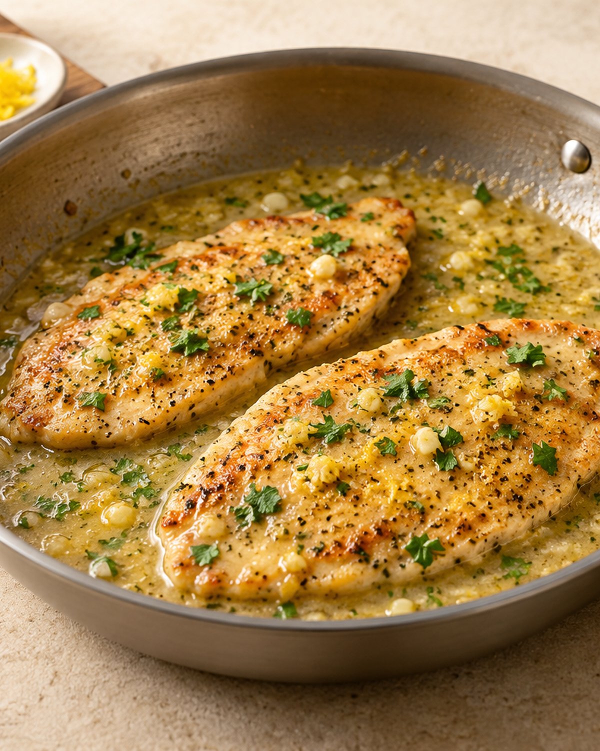 Finished Lemon Chicken Skillet, plated and ready to serve