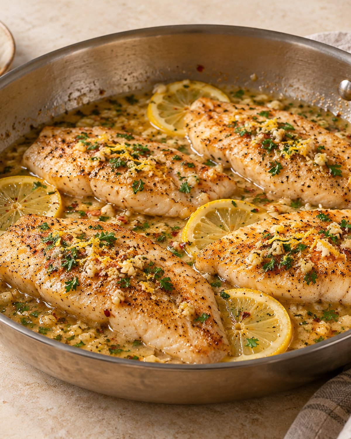 Finished Lemon Garlic Tilapia, plated and ready to serve