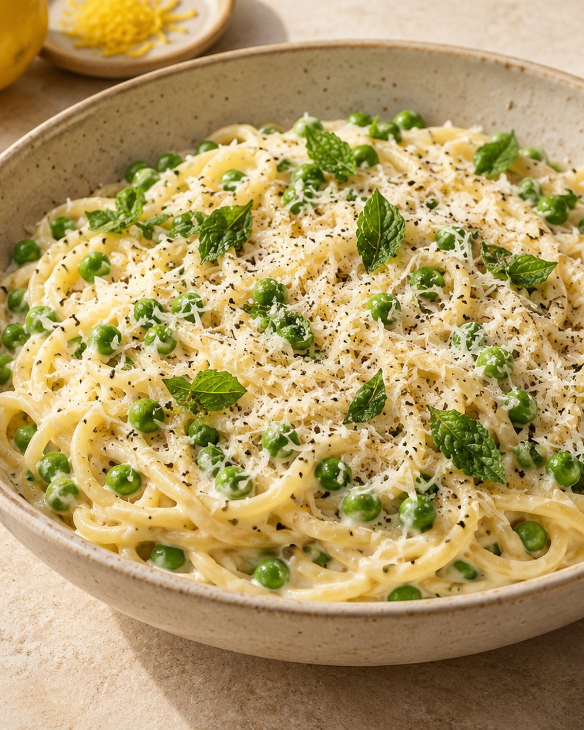 Finished Lemon Ricotta Pasta with Peas, plated and ready to serve