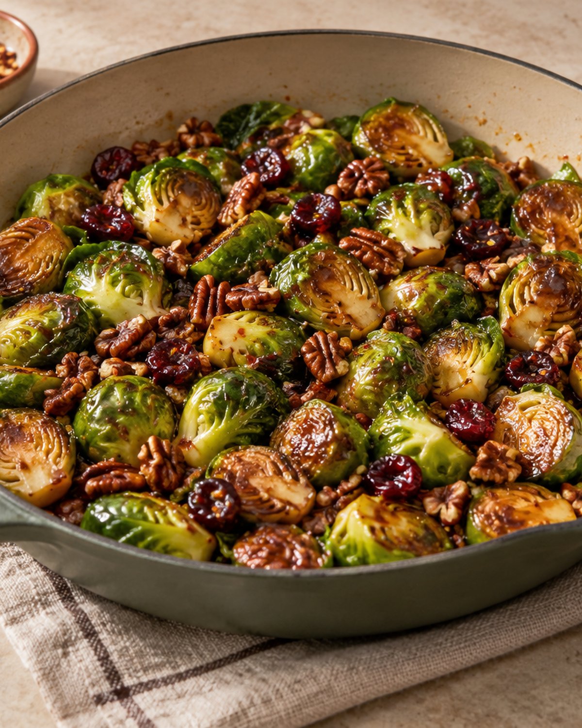 Finished Maple Glazed Brussels Sprouts with Pecans (15 Minutes), plated and ready to serve