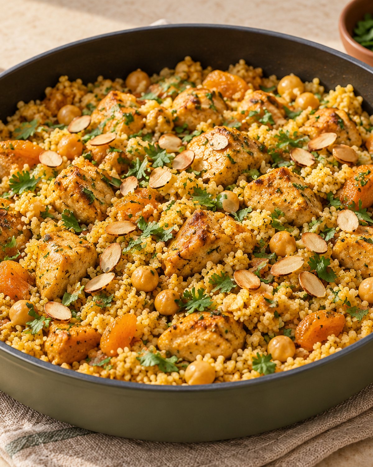 Finished Moroccan Chicken and Couscous (One Pan, 20 Minutes), plated and ready to serve