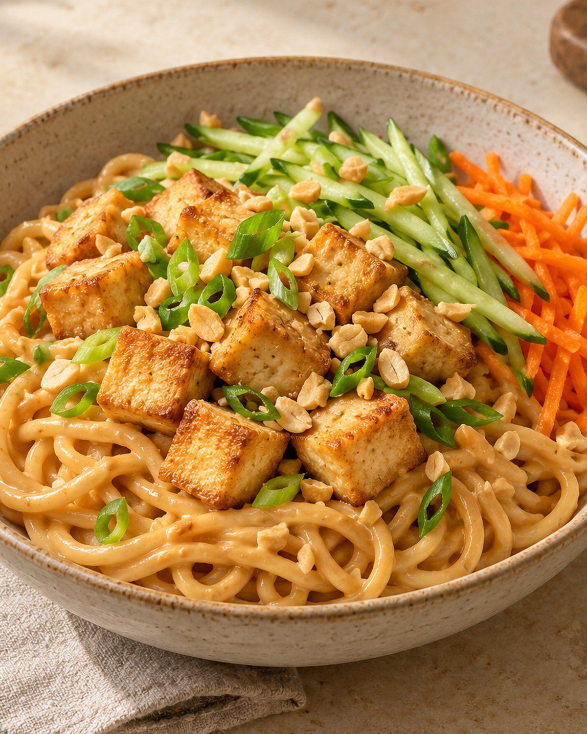 Finished Peanut Noodles with Crispy Tofu, plated and ready to serve