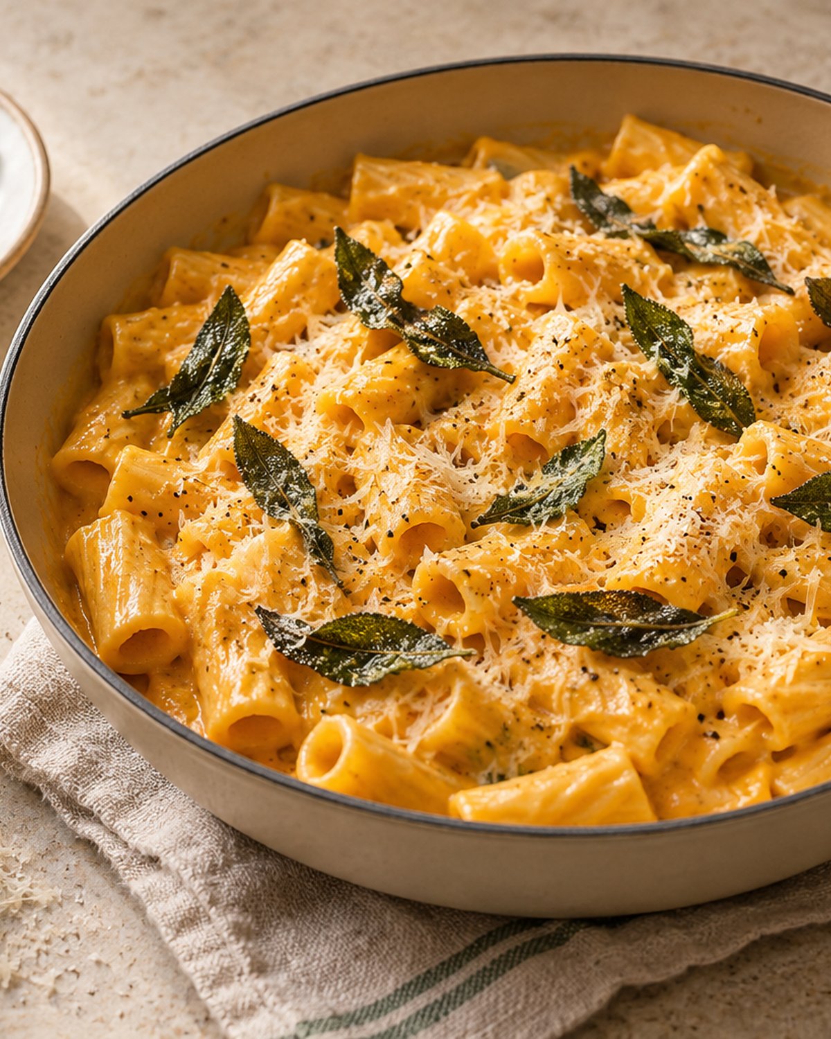Finished Creamy Pumpkin Pasta with Crispy Sage (20 Minutes), plated and ready to serve