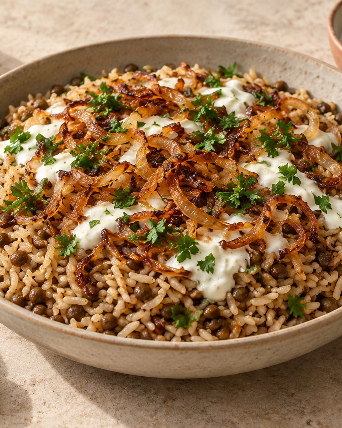 Finished Quick Mujadara with Crispy Onions, plated and ready to serve