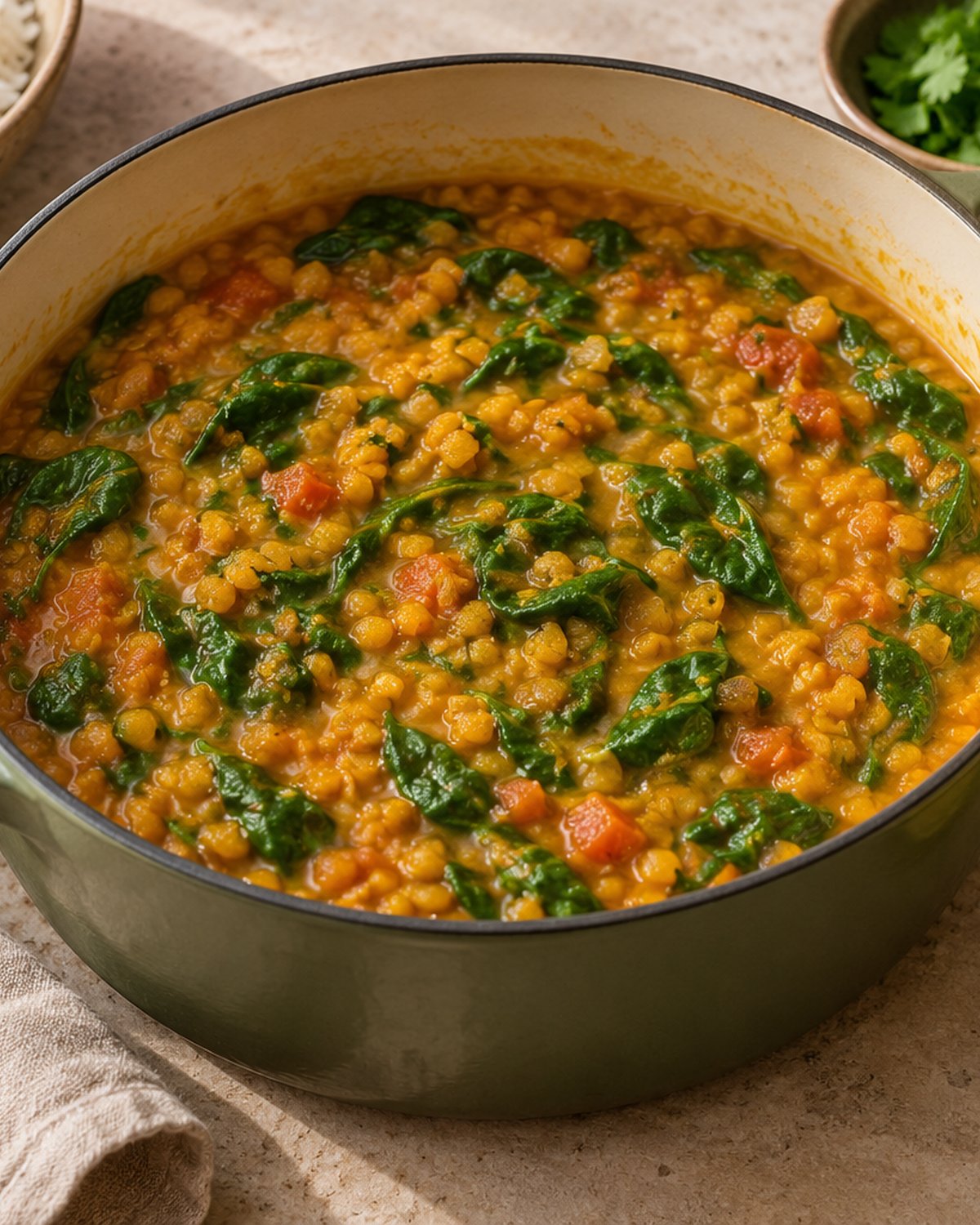 Finished Red Lentil Dal with Spinach, plated and ready to serve