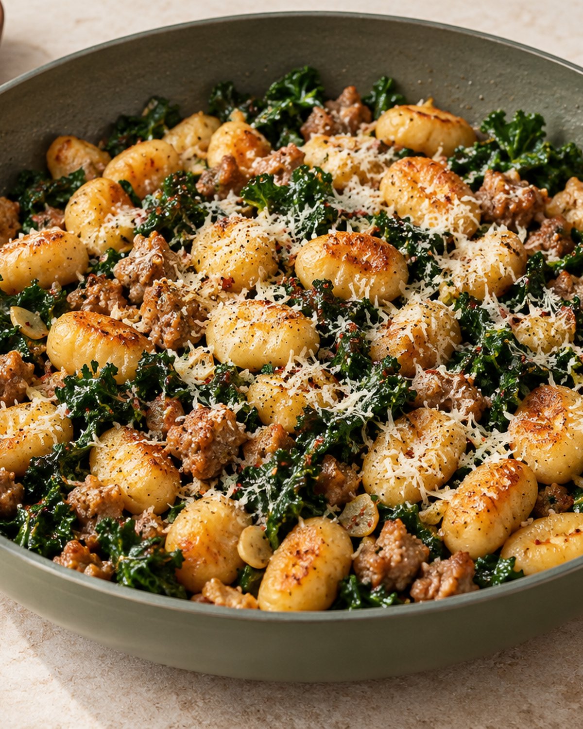 Finished Crispy Gnocchi with Chicken Sausage and Kale, plated and ready to serve