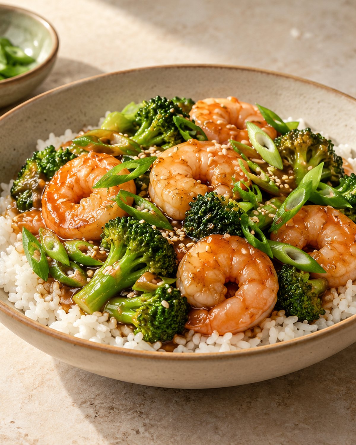 Finished Garlic Shrimp and Broccoli Stir-Fry, plated and ready to serve