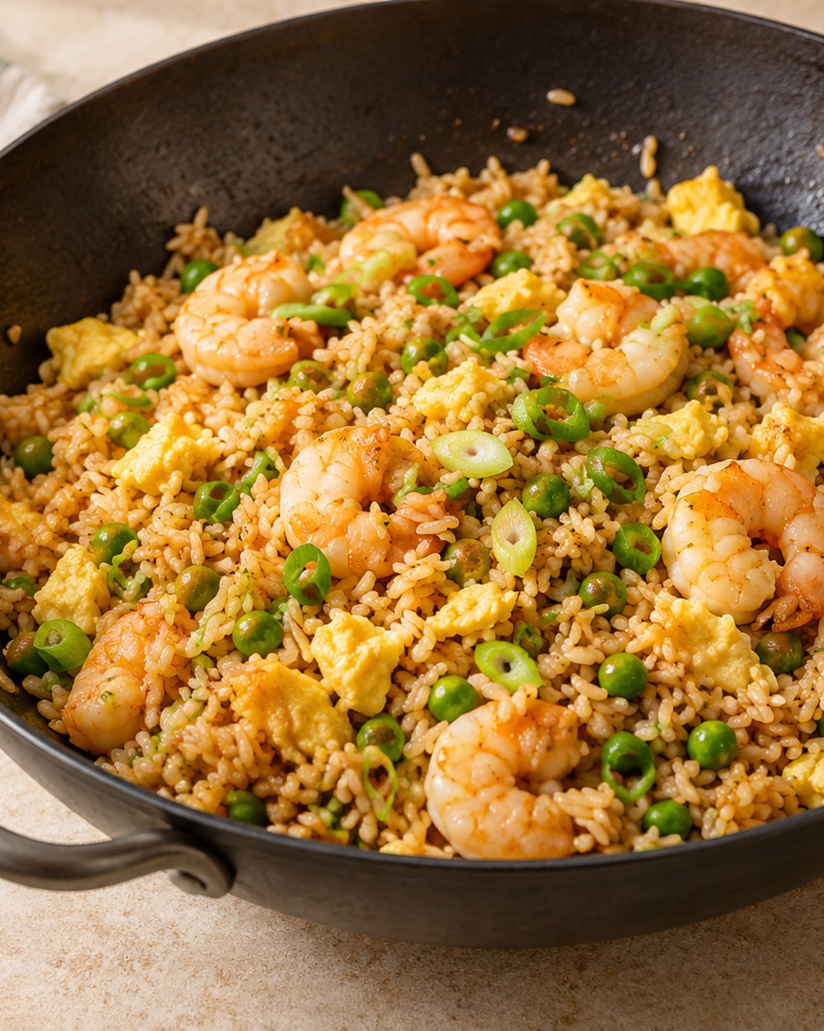Finished Shrimp Fried Rice, plated and ready to serve