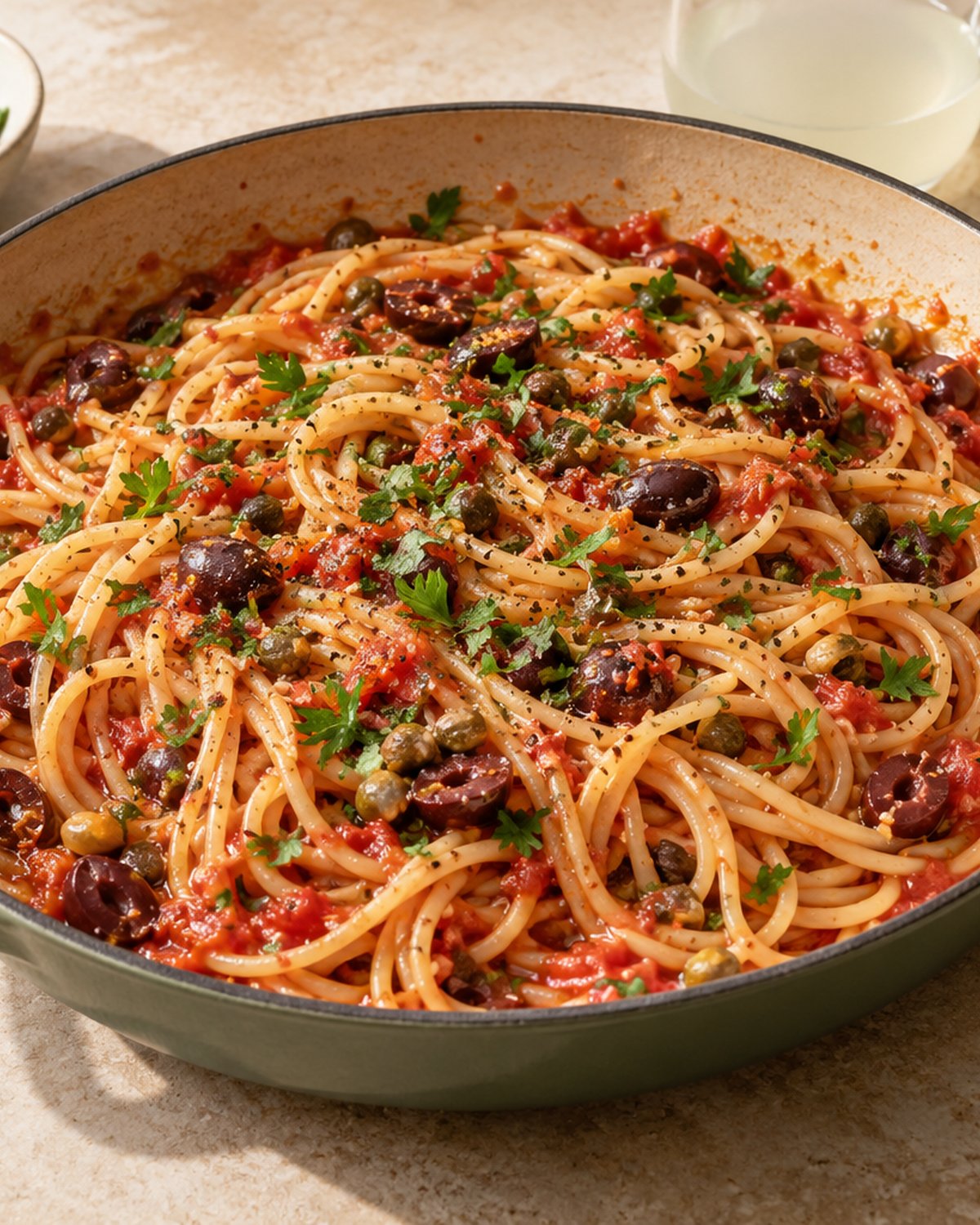 Finished Quick Spaghetti Puttanesca, plated and ready to serve
