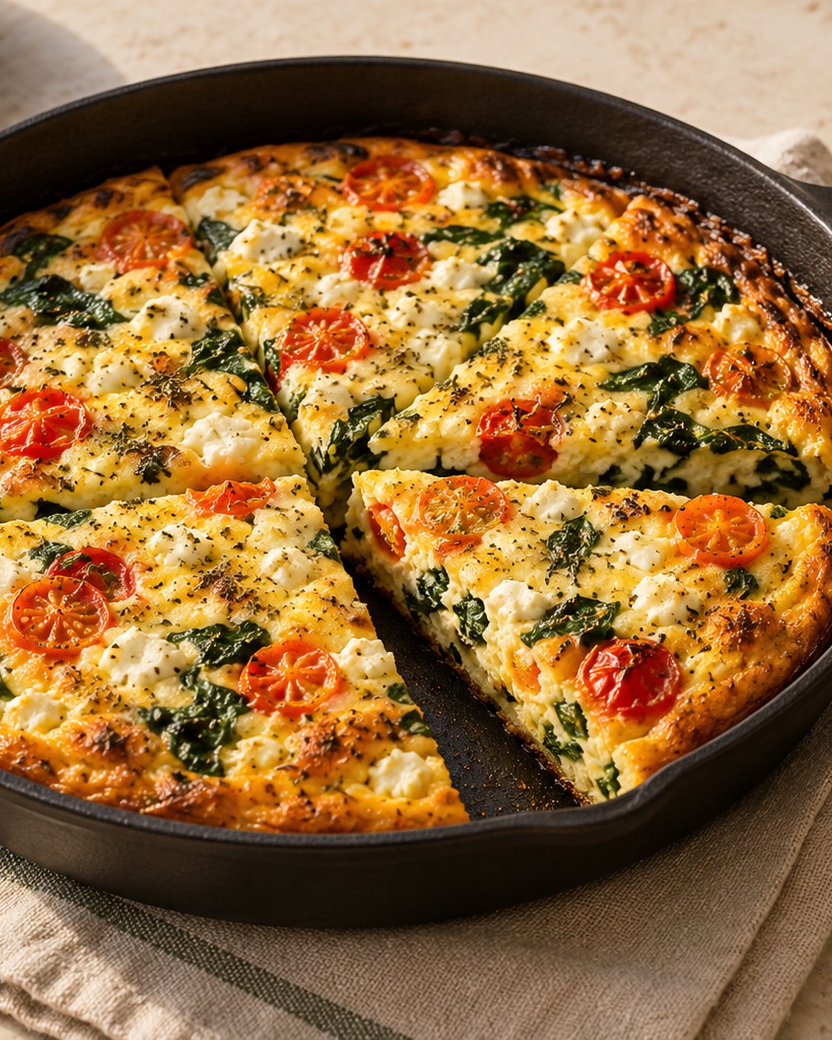 Finished Spinach and Feta Frittata, plated and ready to serve
