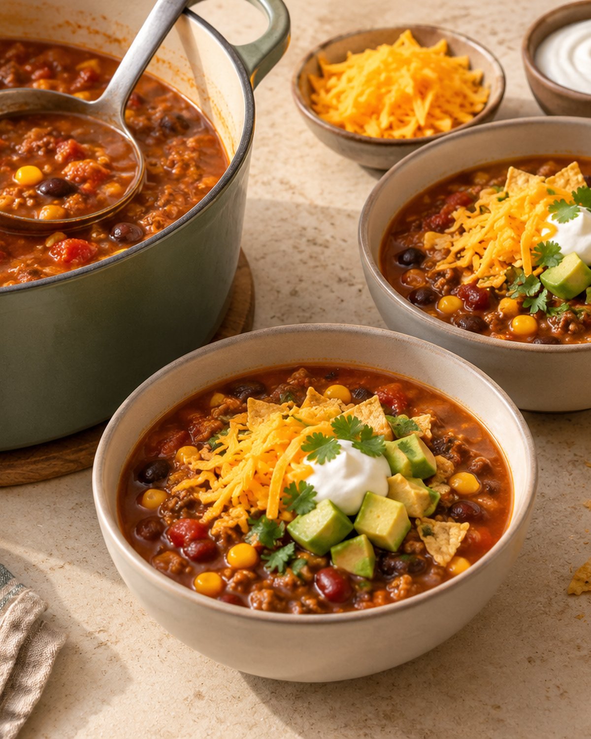 Finished Easy Taco Soup (20 Minutes, One Pot), plated and ready to serve