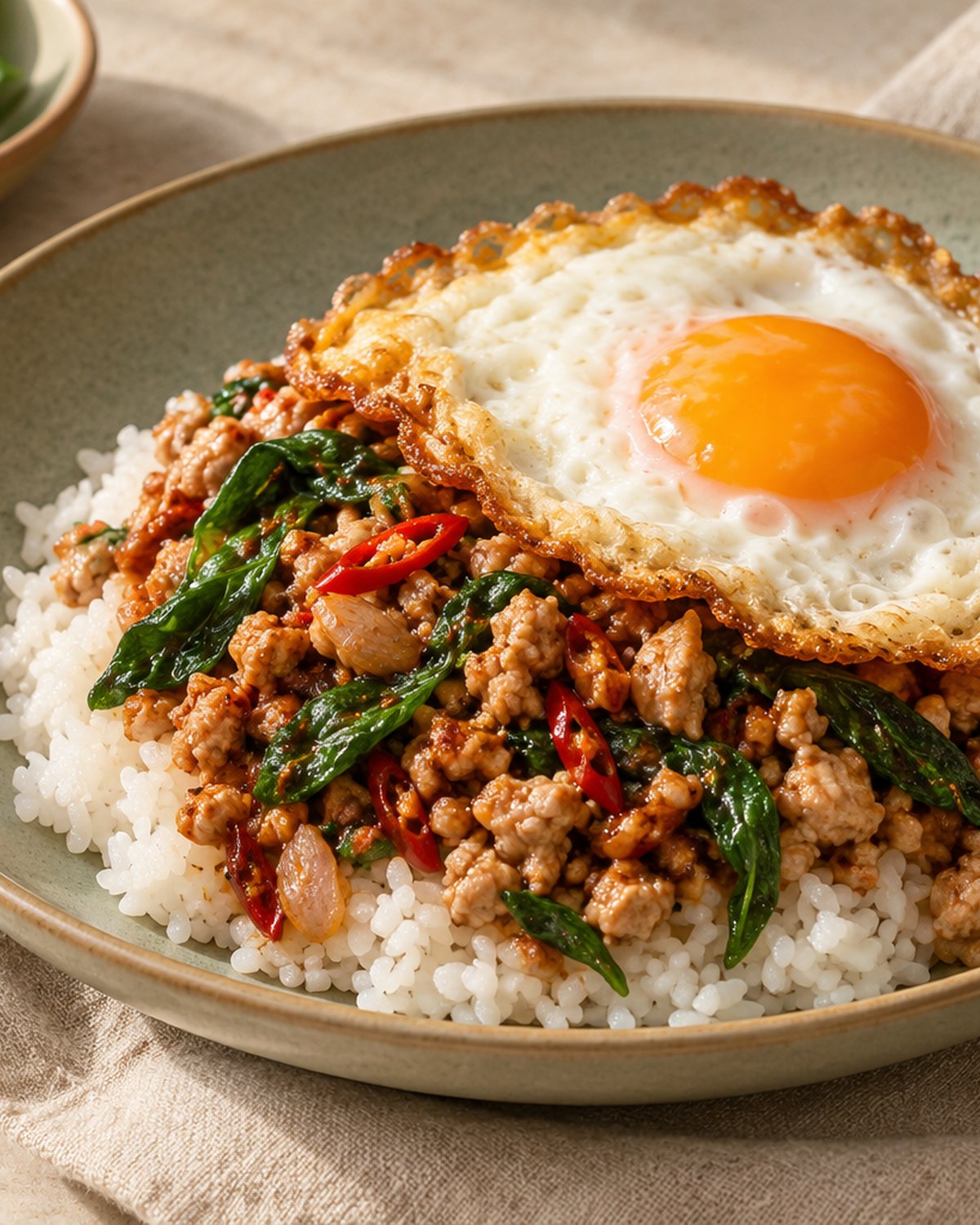 Finished Thai Basil Chicken (Pad Kra Pao), plated and ready to serve