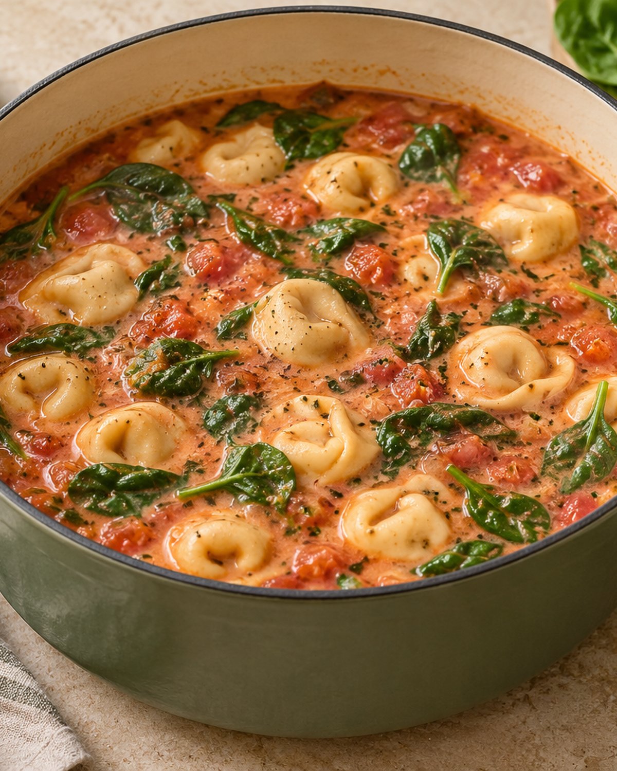 Finished Tomato Tortellini Soup with Spinach, plated and ready to serve