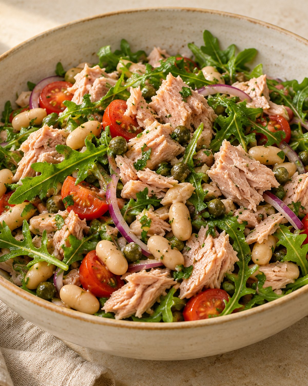 Finished Tuscan Tuna and White Bean Salad, plated and ready to serve