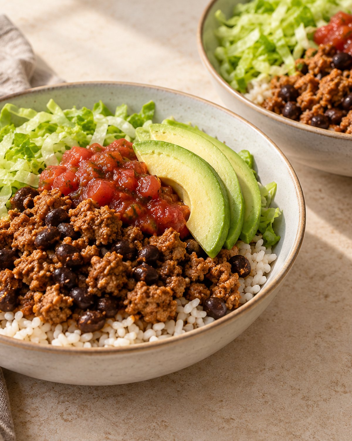 Finished Speedy Turkey Taco Bowls, plated and ready to serve