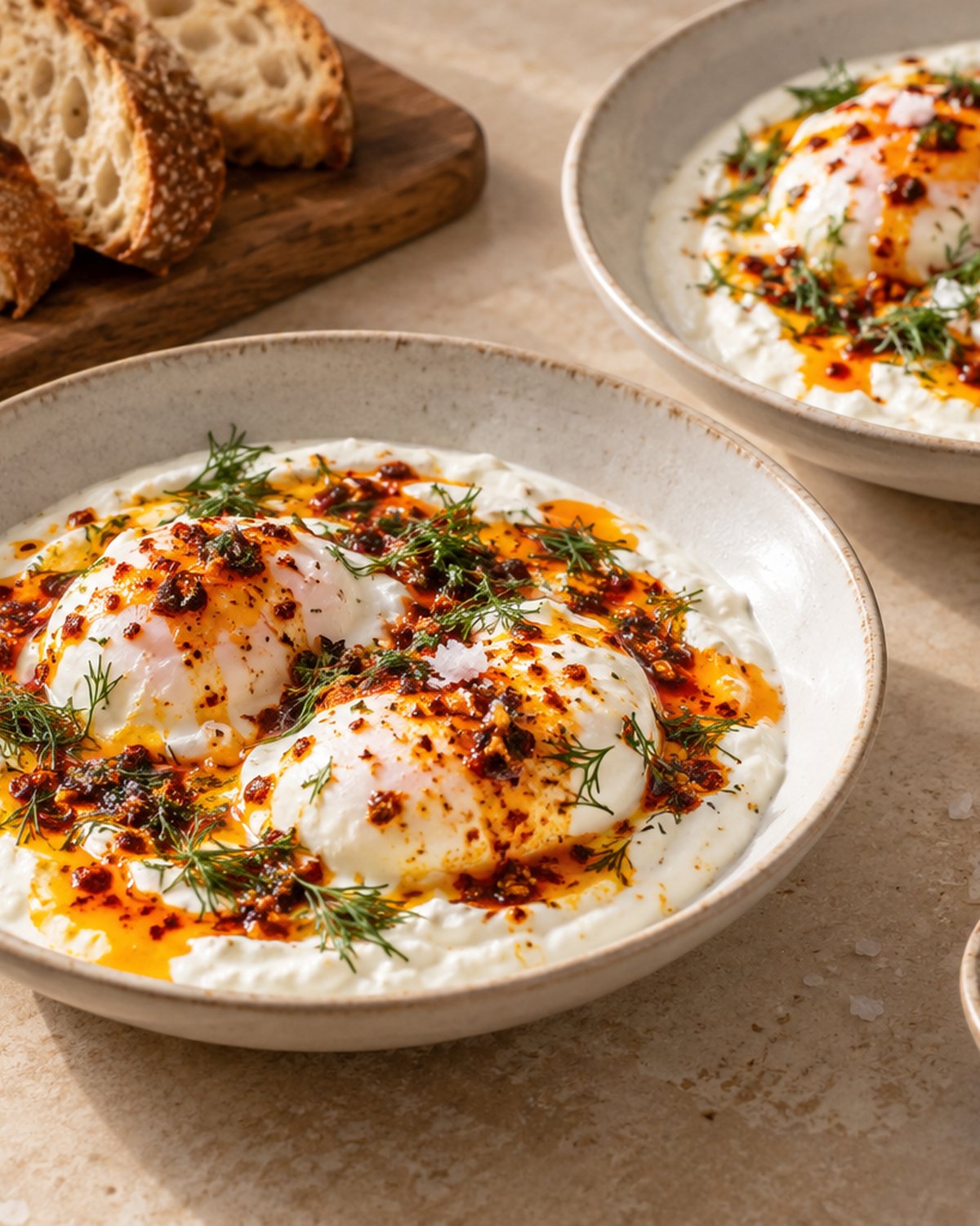 Finished Turkish Eggs (Çılbır) with Garlic Yogurt and Chili Butter, plated and ready to serve