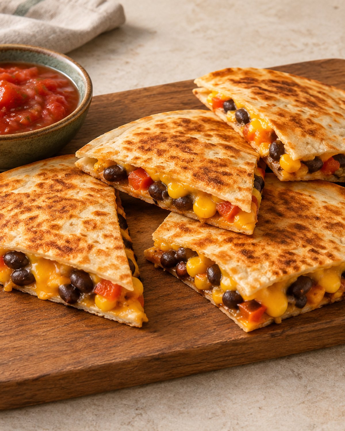 Finished Crispy Veggie Quesadillas, plated and ready to serve