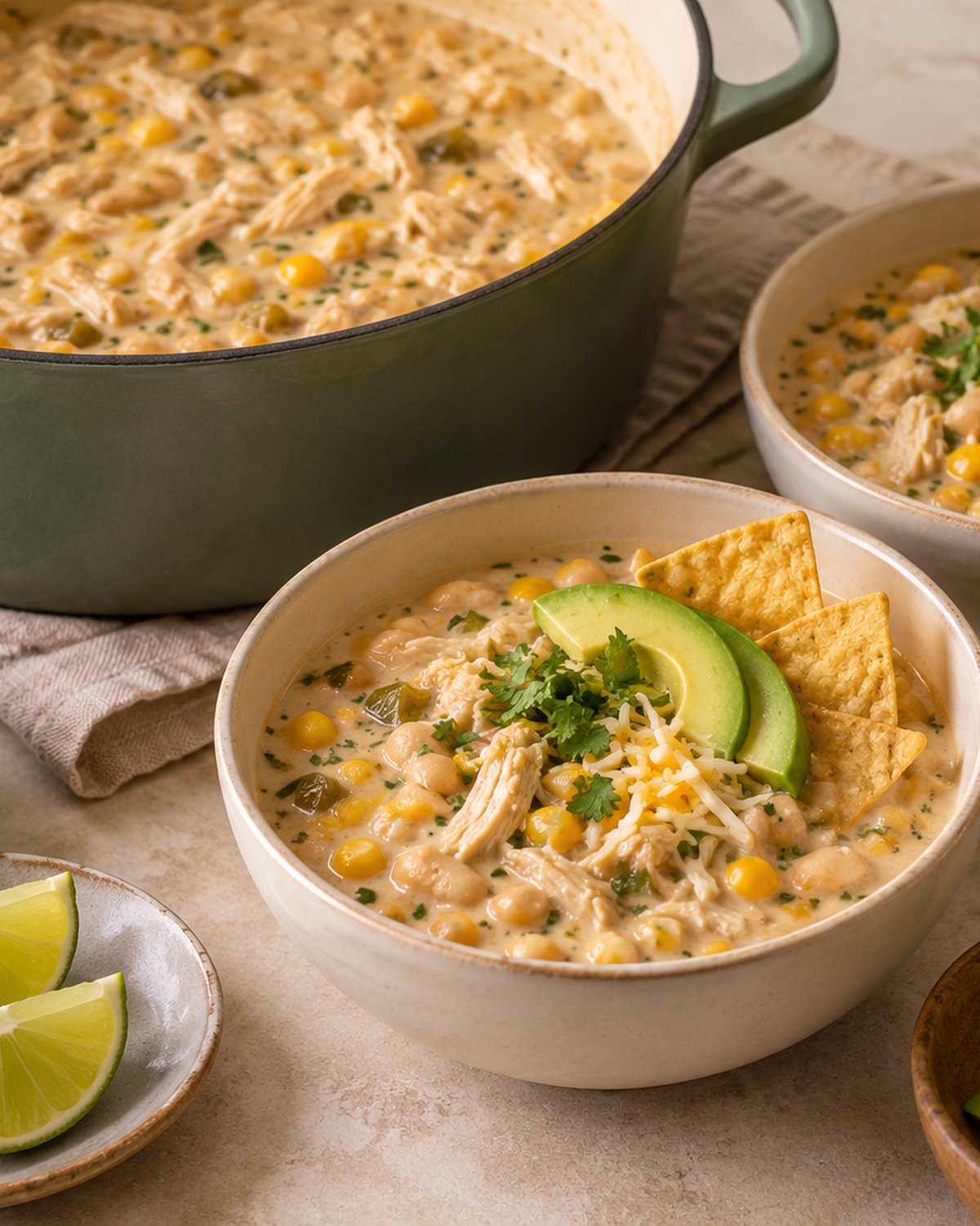 Finished 20-Minute White Chicken Chili (Creamy, Stovetop), plated and ready to serve